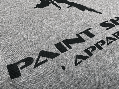 Black PSA Stacked Logo on Gray T-Shirt Close Up of Lettering Tilted Left View