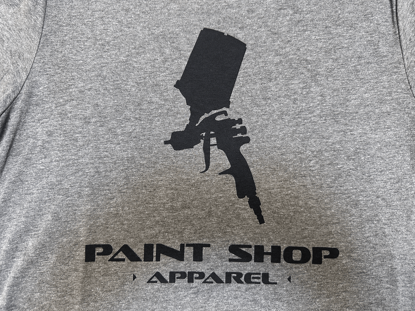 Black PSA Stacked Logo on Gray T-Shirt Close Up Straight On View