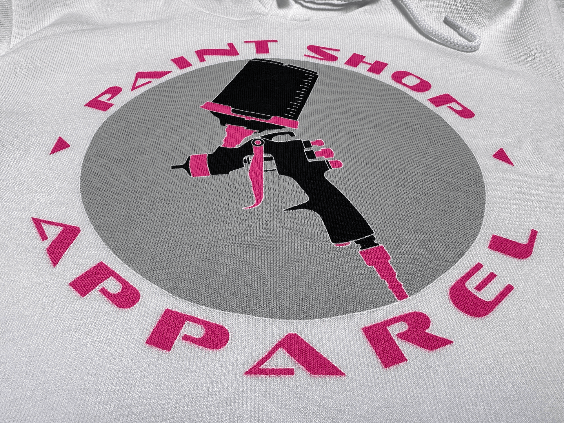 Pink and Black PSA Logo on White Hoodie Close Up Tilted Up Angle View