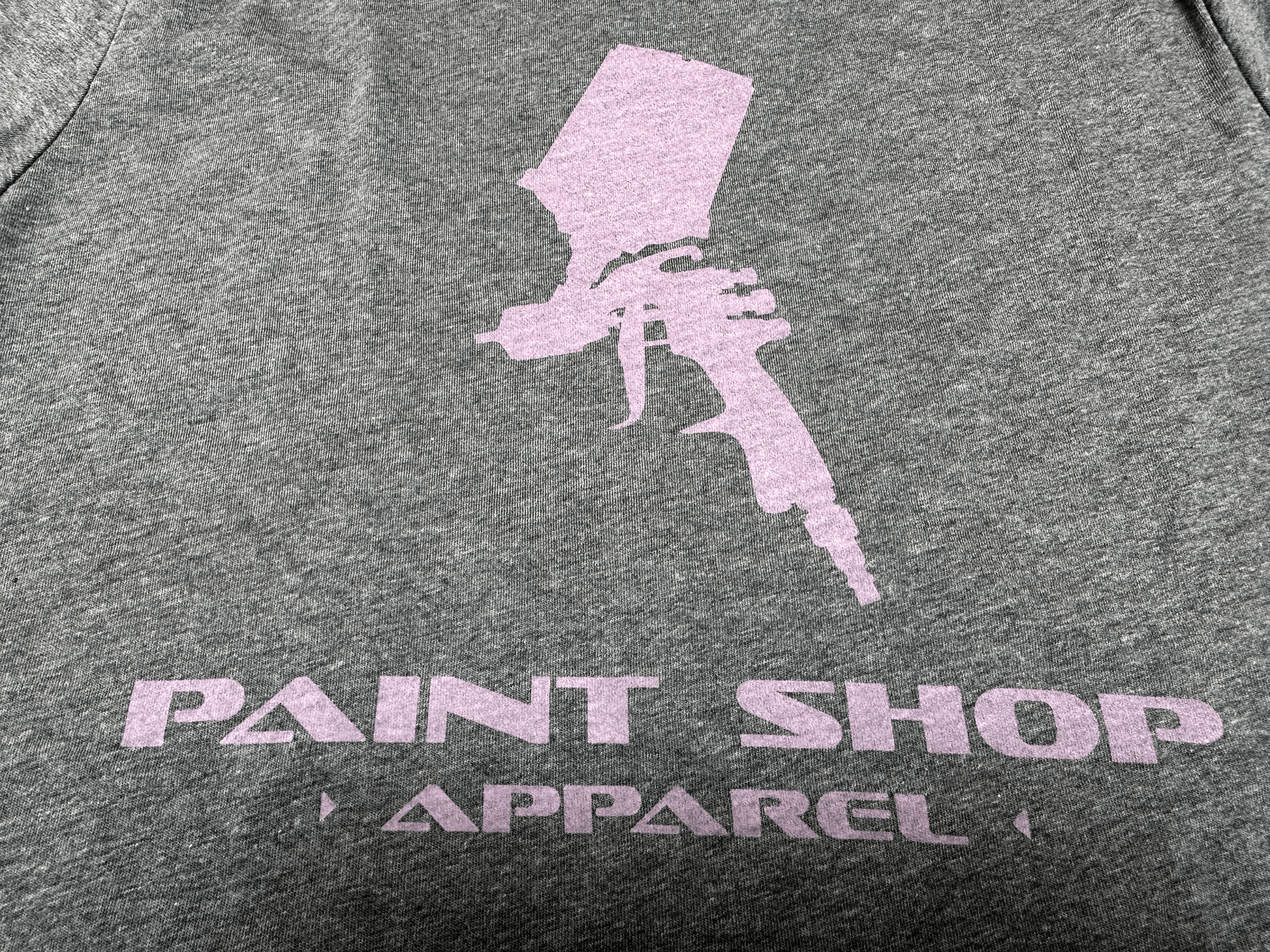 Pink PSA Stacked Logo on Gray T-Shirt Close Up Tilted Up View