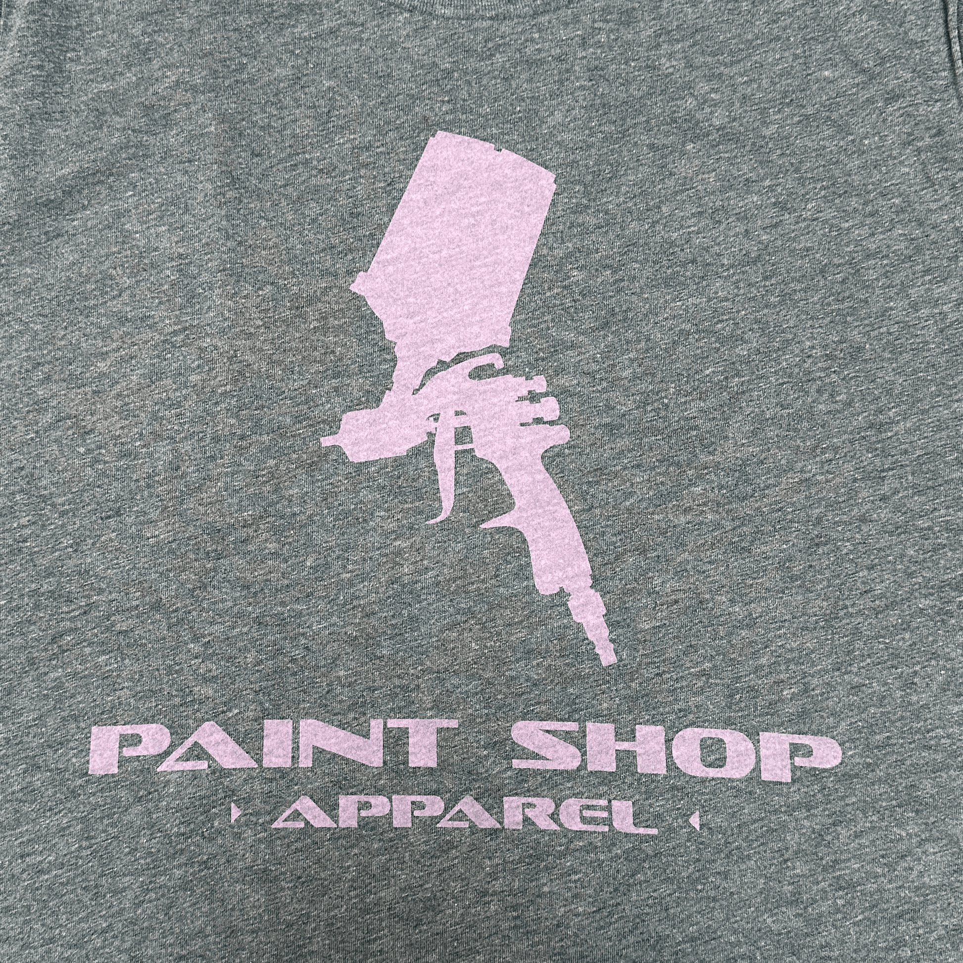 Pink PSA Stacked Logo on Gray T-Shirt Close Up Straight On View