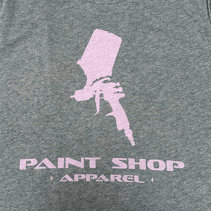 Pink PSA Stacked Logo on Gray T-Shirt Close Up Straight On View